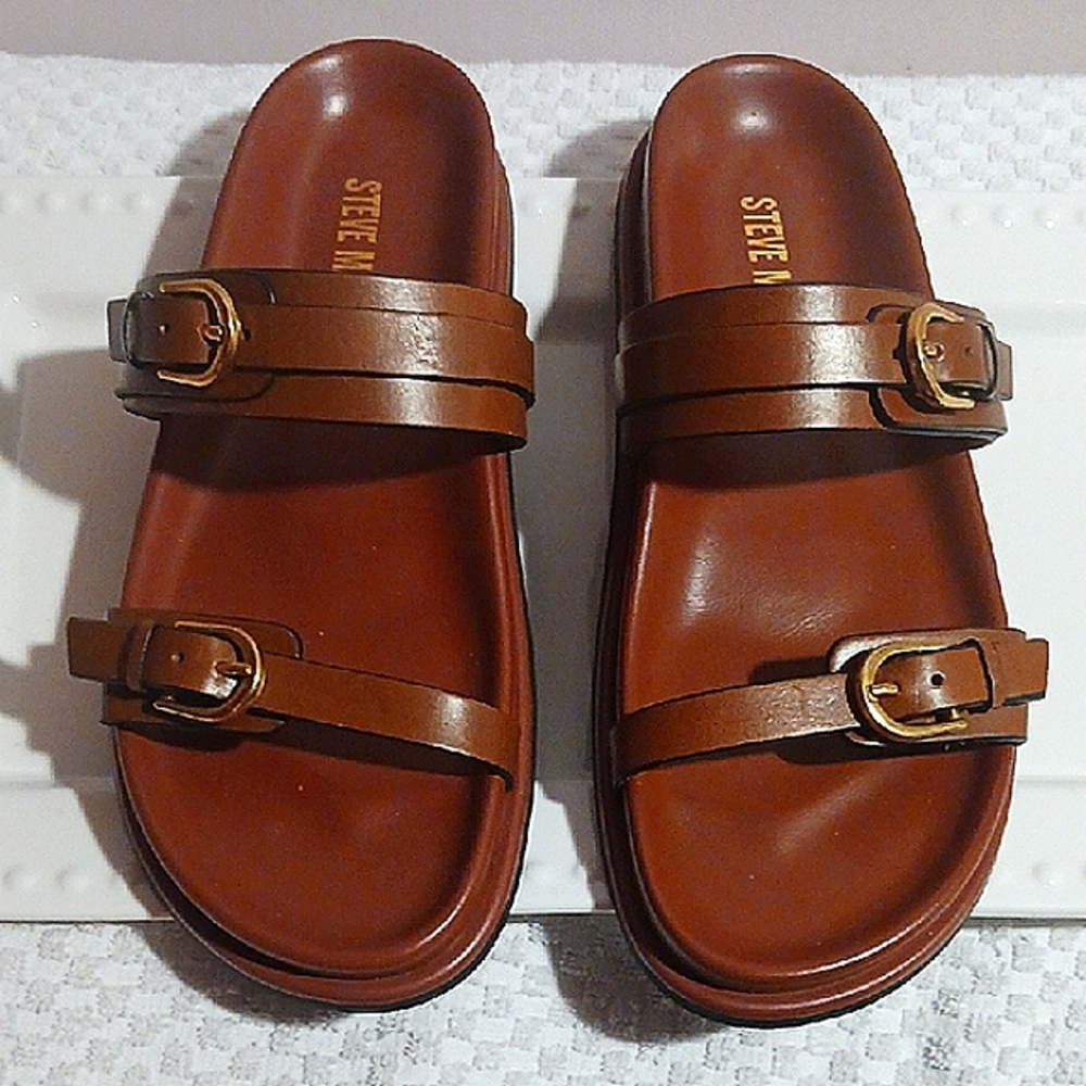 Gorgeous! Steve Madden Cognac Leather Double-Buckle Slide Sandals  9.5